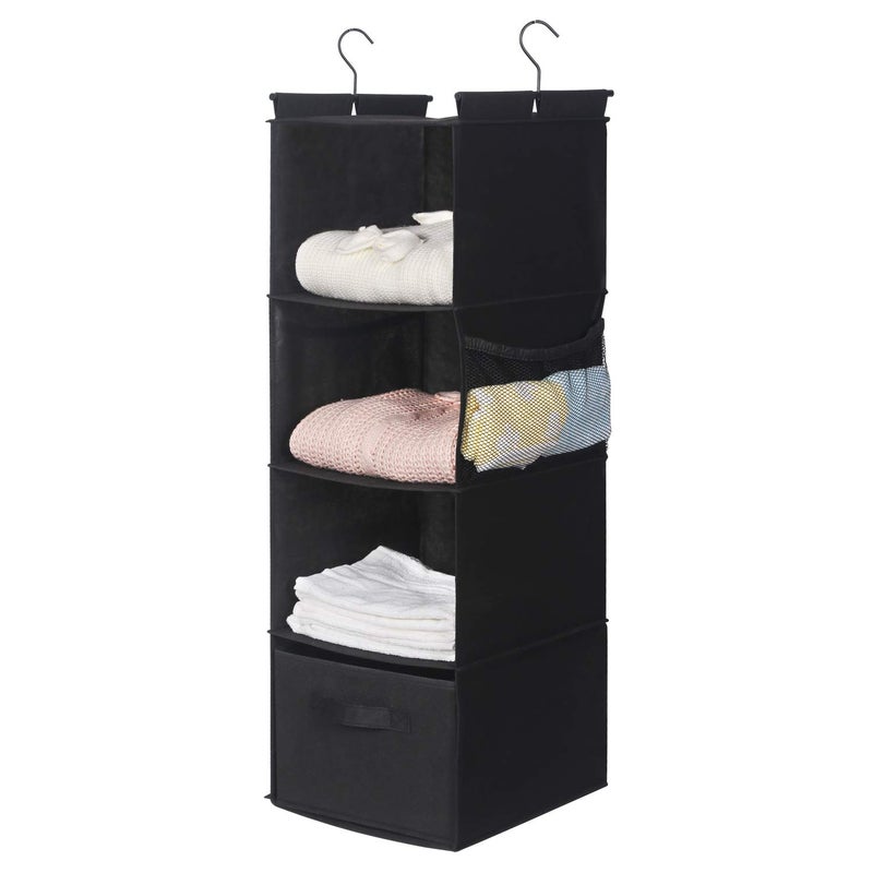 MAX Houser 4-Shelf Hanging Closet Organizer, Space Saver, Cloth Hanging Shelves with 2 Side Pockets, Foldable (Black) - Image 2